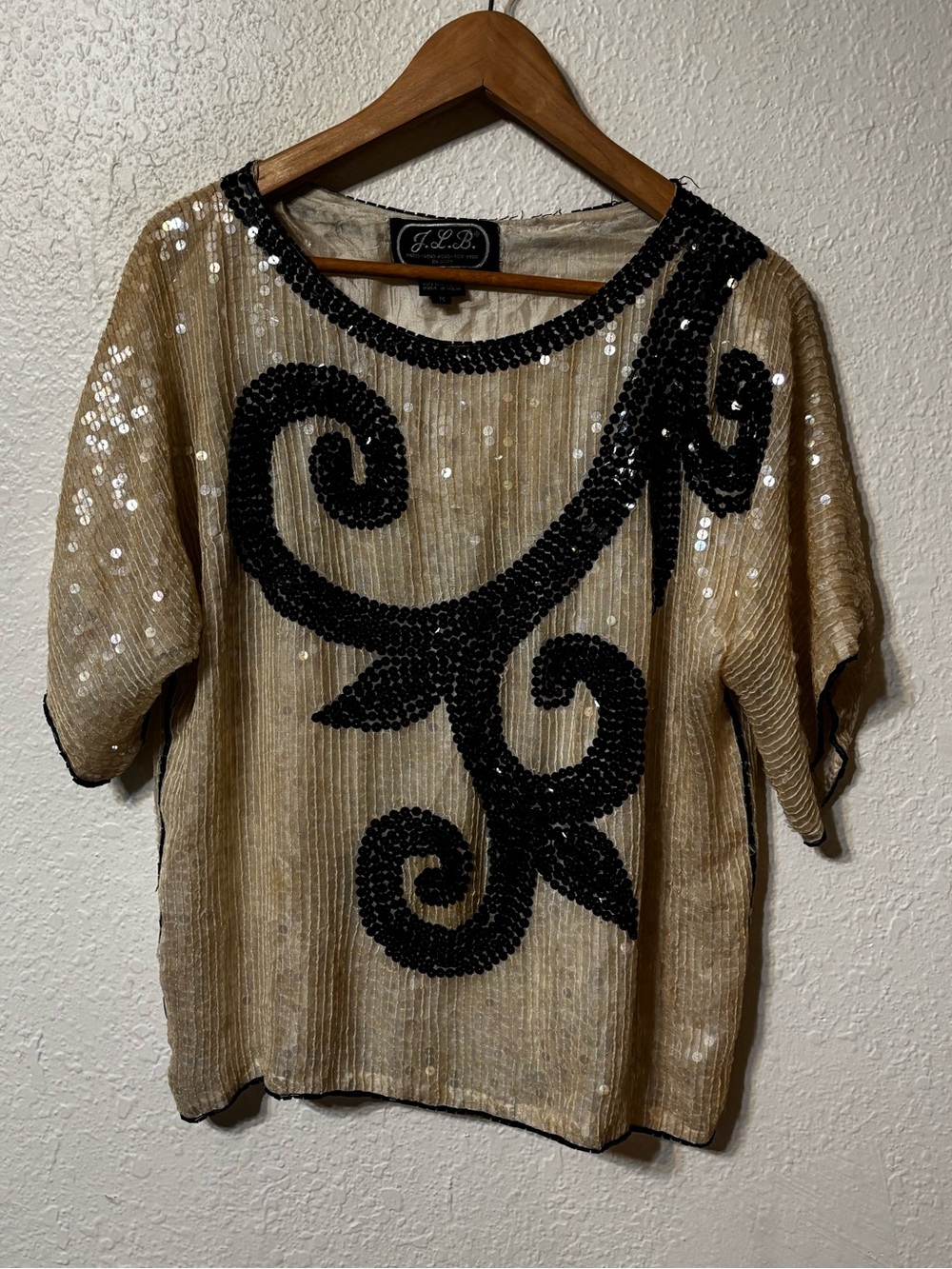 Vintage Joseph Le Bon Silk Sequin Beaded Blouse Art Deco Medium